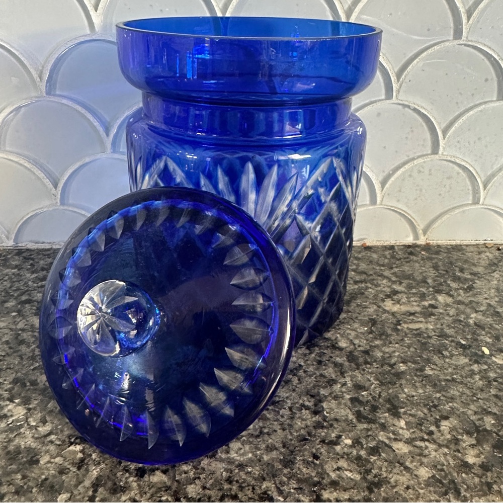 Vintage Cobalt Blue Cut to Clear Crystal Czech Bohemian Cookie Biscuit Jar